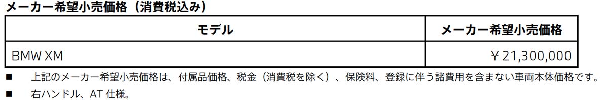  BMW XM メーカ~希望小売価格（消費税込み）