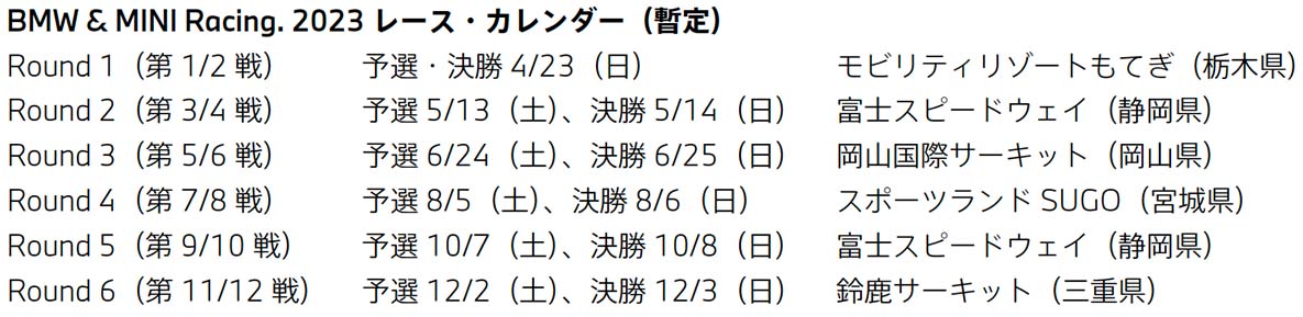  BMW & MINI Racing 2023レースカレンダー